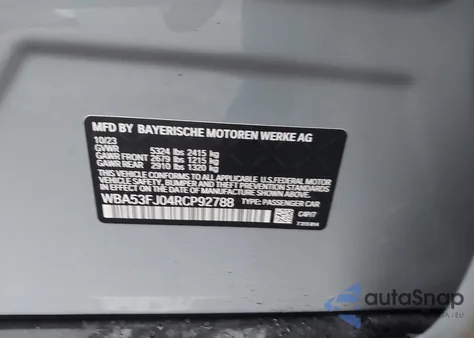 2024 BMW 530I xDrive from USA, damaged, VIN WBA53FJ04RCP92788